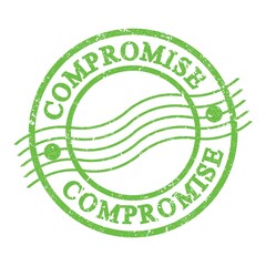 COMPROMISE, text written on green postal stamp.