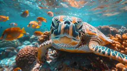 Close view of a sea turtle under the sea surrounded by fish and coral, illustrating ocean life