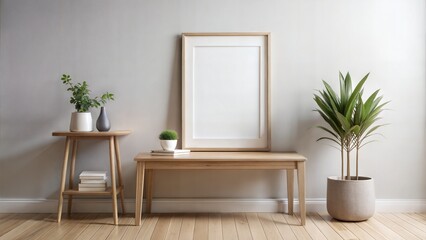 Wooden blank Frame with Art Print in Stylish Minimalist Home
