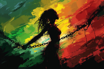 A silhouette breaking free from chains amidst black, green, red and yellow colors, symbolizing liberation, Juneteenth concept, creative illustration, flat style.