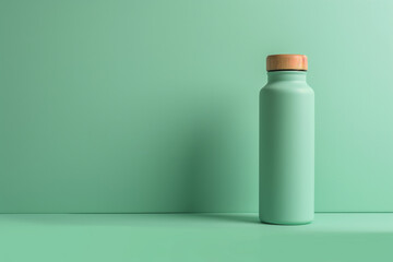 Modern, single-color green reusable water bottle with a wooden cap stands against a smooth mint green backdrop, emphasizing the clean lines and simplicity of sustainable living