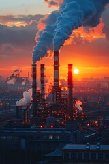 Industrial factory with smoking chimneys at sunset, dramatic sky