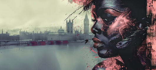 An artistic depiction of a woman's profile against a muted London skyline, showcasing a dramatic blend of city and emotion