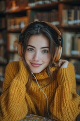 Smiling woman in a library, wearing headphones and a yellow sweater