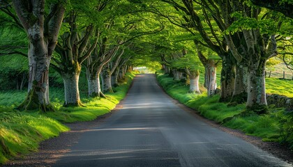 Naklejka premium Treelined road with vibrant green foliage forming a natural canopy