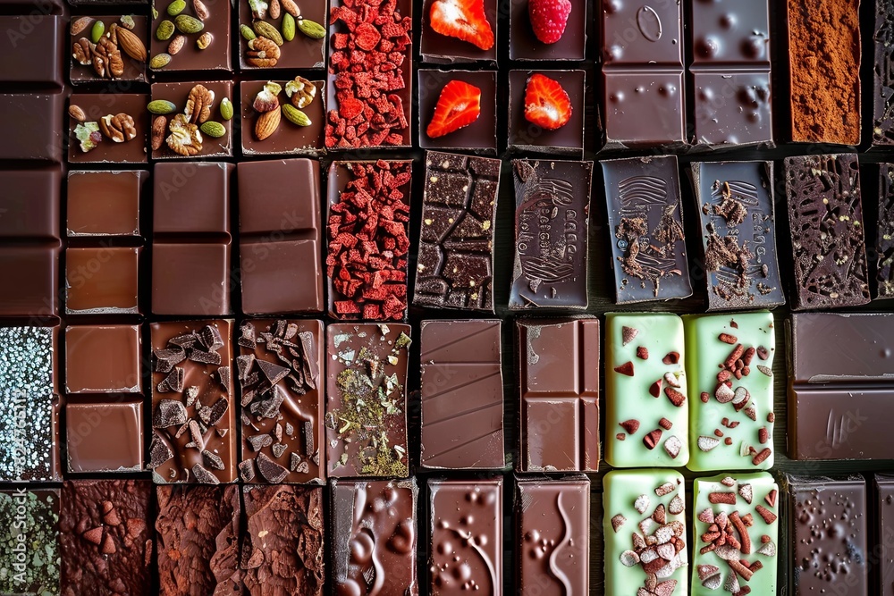 Aufkleber Various types of chocolates in different flavors neatly arranged together, showcasing a range of hues and textures. Generative AI