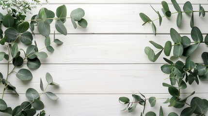 Eucalyptus branches and leaves on wooden rustic white background. Minimal background eucalyptus on white board. Flat lay, top view, copy space