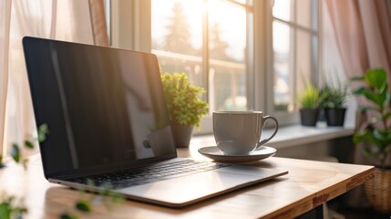 Computer screen, modern interior, cup of coffee, empty laptop