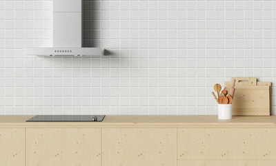 3D render close up blank empty space on beautiful oak wood wooden kitchen counter top on white ceramic wall tiles in background. Kitchen, Backdrop.