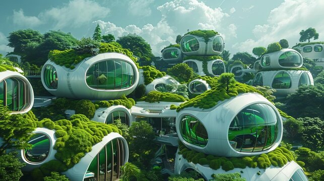 Futuristic eco-friendly buildings covered with lush greenery, showcasing innovative architectural design in a sustainable urban setting.