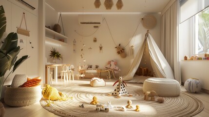 A Scandinavian interior kids playroom decorated with eco-friendly materials