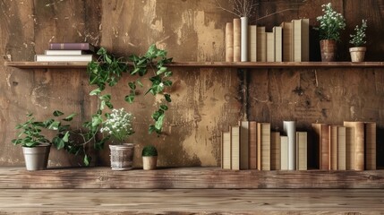 The background of a wooden book shelf, a natural home decoration.