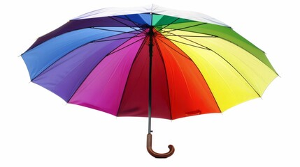 A rainbow umbrella sheltering on a white background.