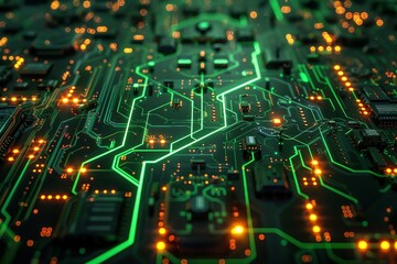 Obraz premium Futuristic green circuit board with glowing orange lights, showing complex digital pathways and technological detail.