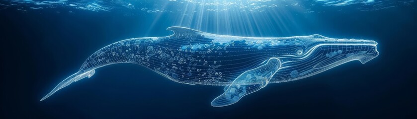 Obraz premium Futuristic marine life captured with a wireframe whale swimming in a simulated blue ocean, serene and beautifully crafted