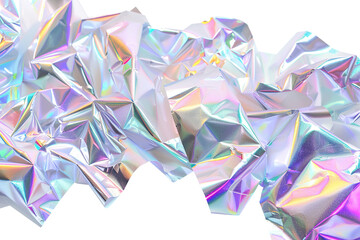 Crumpled holographic metallic shapes with a vibrant, iridescent finish, on transparent background. Color gradient, y2k style. Cut out graphic design element.
