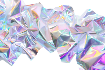 Crumpled holographic metallic shapes with a vibrant, iridescent finish, on transparent background. Color gradient, y2k style. Cut out graphic design element.