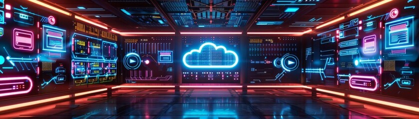 Fototapeta premium Futuristic network command center with integrated cloud storage solutions, visualized in glowing neon on a dark backdrop