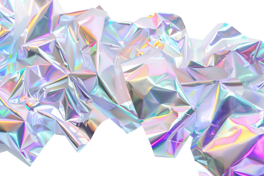 Crumpled holographic metallic shapes with a vibrant, iridescent finish, on transparent background. Color gradient, y2k style. Cut out graphic design element.