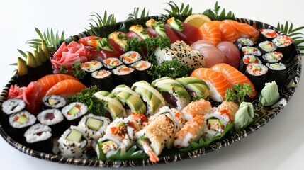 A beautifully arranged sushi platter with assorted nigiri and maki rolls, adorned with fresh wasabi and pickled ginger.