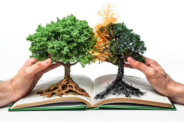a picture depicting a life and death concept by showing a tree half burnt and half green, it shows climate change effects in elusive manner - Powered by Adobe