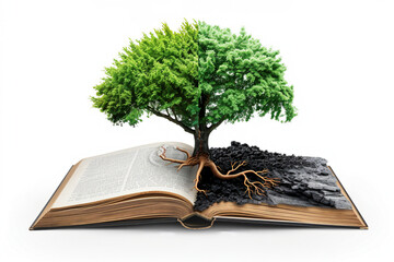 A detailed illustration of an open book with a tree emerging, split down the middle with one side...