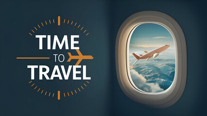 Travel time vector background design. Time to travel text with 3d airplane window view of international tourist destination for worldwide trip journey.