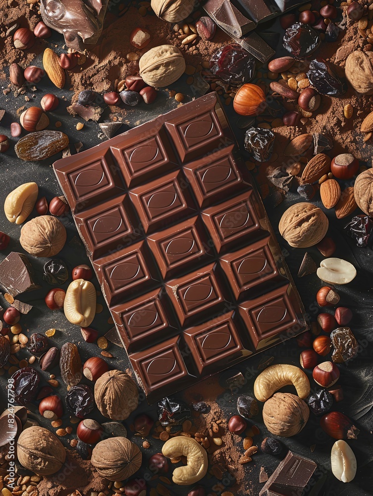 Aufkleber A bar of chocolate is surrounded by nuts and chocolate pieces, creating a tempting and visually appealing composition. Generative AI