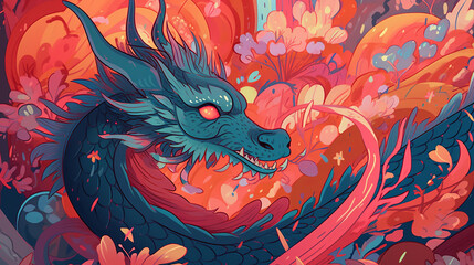 A fierce dragon, surrounded by red flowers and plants designed for hell. The style is colorful animation stills with flat colors and bold lines, in the style of early award-winning animations, sparkle