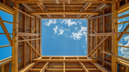 Timber framing architecture in the open air under construction.