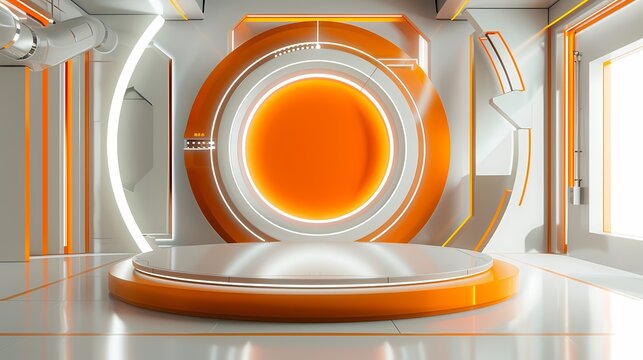 Digital technology orange mecha style round stage poster background