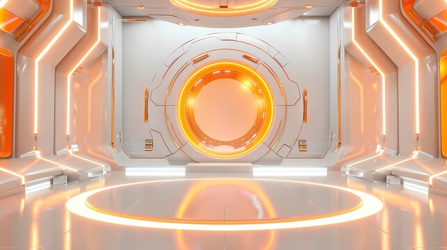 Digital technology orange mecha style round stage poster background