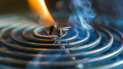 Mosquito on a Burning Repellent Coil. A Close-up View. Generative ai