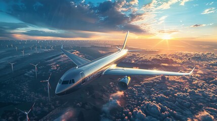 Fototapeta premium Eco-Friendly Future: Modern Aircraft Using Biofuel Technology Soars Over Wind Turbines in Sustainable Skies