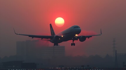 Majestic Sunset Takeoff: Passenger Airplane Amid Smog with Sun Peeking Through