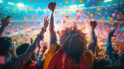 Vibrant crowd celebrating at a lively music concert or festival, with colorful confetti in the air and a dynamic, excited atmosphere.