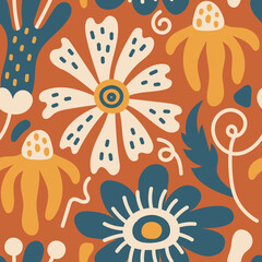 Colorful Flowers Doodle Seamless Pattern. Hand drawn floral ornament with playful creative blossoms and leaves. Wavy abstract shapes with lines and dots. Repeat vector illustration