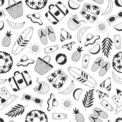 Summer Beach Doodle Icons Seamless Pattern. Hand drawn black and white cartoon endless background with summertime symbols. Vacation repeat vector illustration