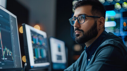 Fototapeta premium Man with glasses is focused on computer screen, working or analyzing data. Network engineer