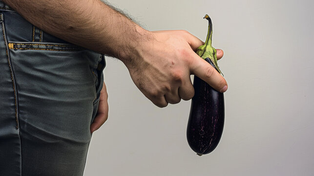 Man is holding an eggplant in his pocket, health ptoblems. Men's health problems, impotence