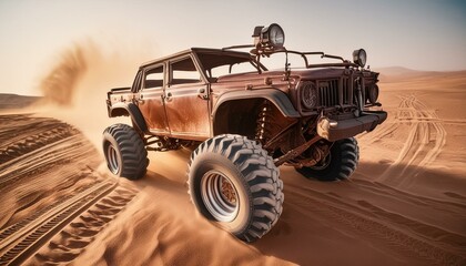 mad max style, rusty demagerd offroad car riding through post apocalyptic desert
