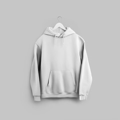 Mockup of white oversized hoodie on wooden hanger, front, sweatshirt with hood, ties, pocket,...