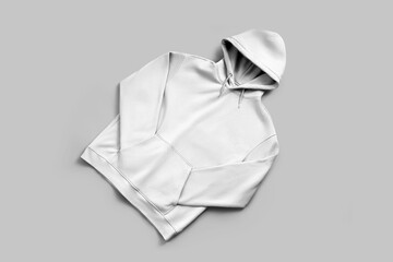 Mockup of white oversized hoodie with hood, ties, pocket, presentation of clothes diagonally, front...