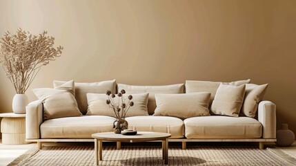 Interior design of harmonized living room with design beige sofa carpet. Generative Ai