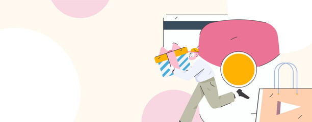 Holiday shopping people doing e-commerce online shopping flat vector concept operation hand drawn illustration
