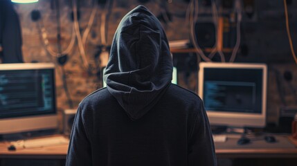In the background, a hacker wears a hoodie wearing a computer