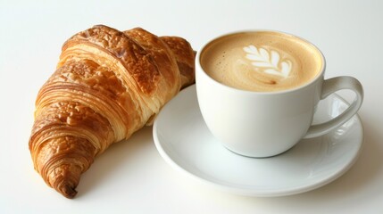 Croissant and Cappuccino on White Plate