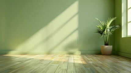 In an empty room with a wooden floor, a light green wall can be seen