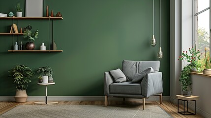 Interior mockup green wall with gray armchair and decor in living room. Generative Ai