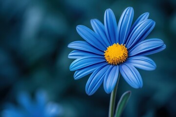 Obraz premium Stunning close-up of a blue daisy with a yellow center against a serene blue backdrop